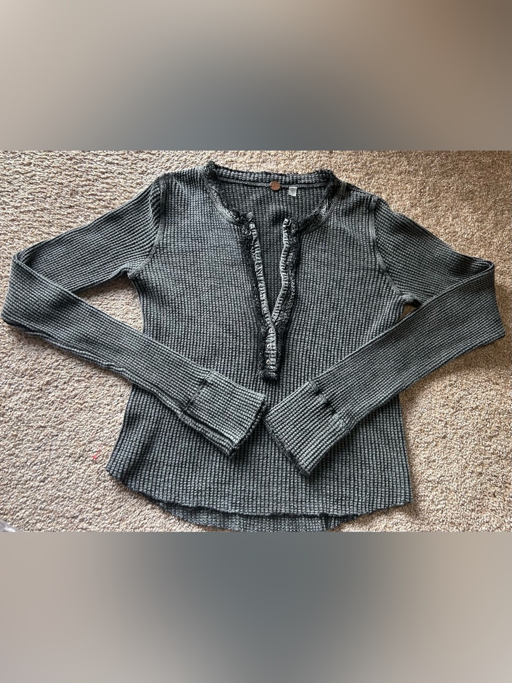 Free People FP One Gray Waffle Knit Henley Long Sleeve Button Ruffle Medium